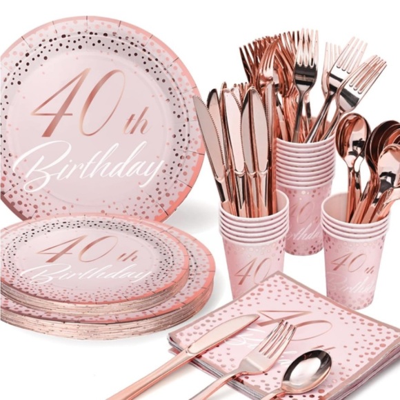 Pink and Gold Disposable Tableware Set for Parties - Picture 1 of 7
